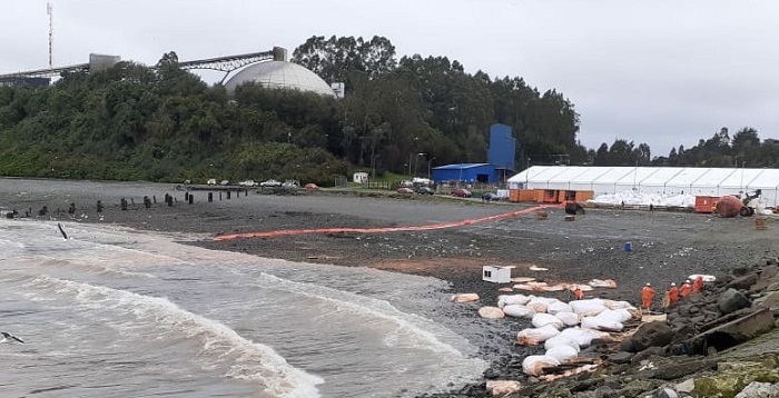  En la comuna de Calbuco un muelle flotante se hunde con 150 toneladas de comida para salmones | Fotos